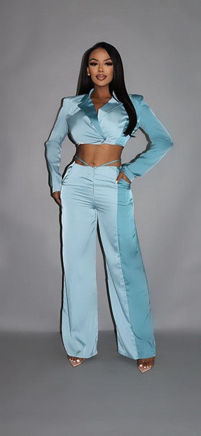 Colorblock Crop Blazer with Low Rise Wide Leg Pant Set