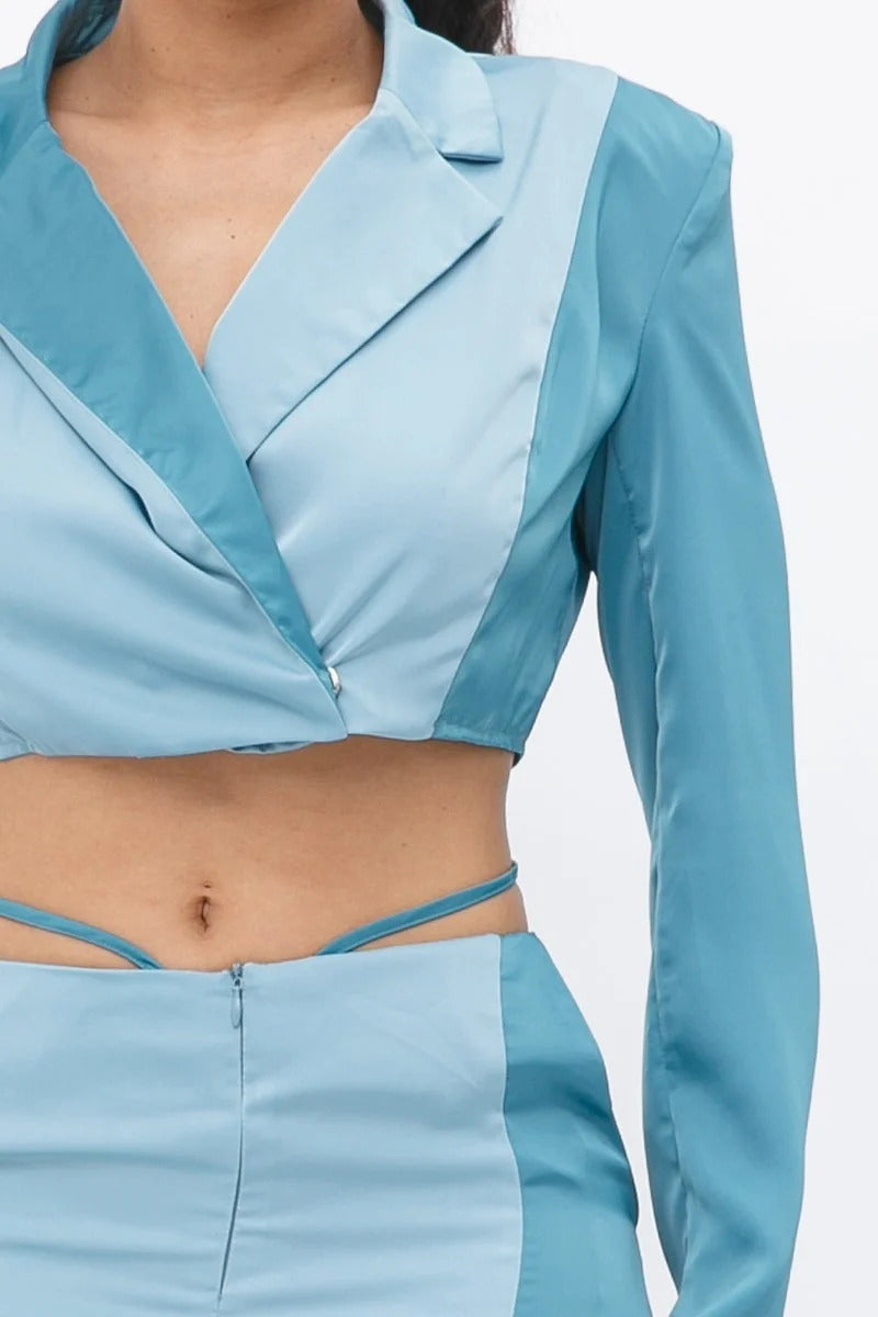 Colorblock Crop Blazer with Low Rise Wide Leg Pant Set