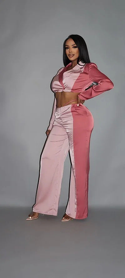 Colorblock Crop Blazer with Low Rise Wide Leg Pant Set