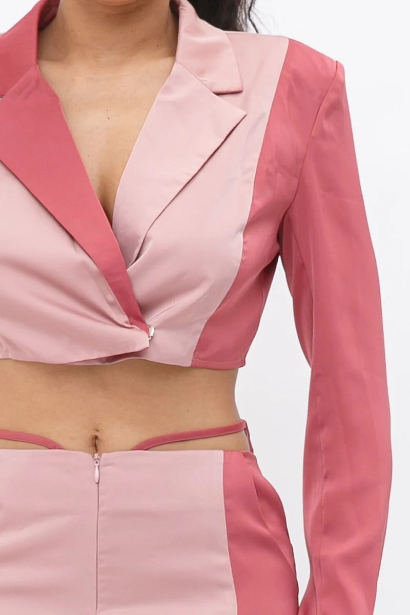 Colorblock Crop Blazer with Low Rise Wide Leg Pant Set