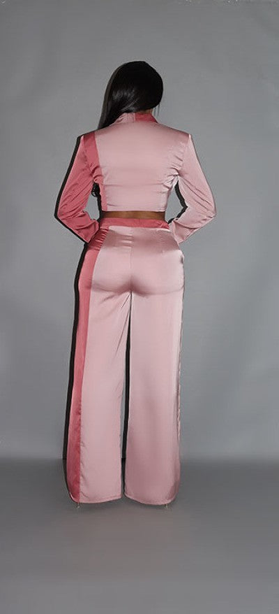 Colorblock Crop Blazer with Low Rise Wide Leg Pant Set