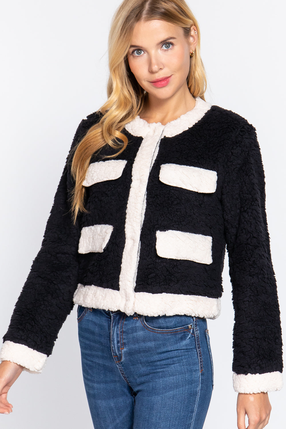 Long Sleeve Pocket Detail Faux Fur Jacket