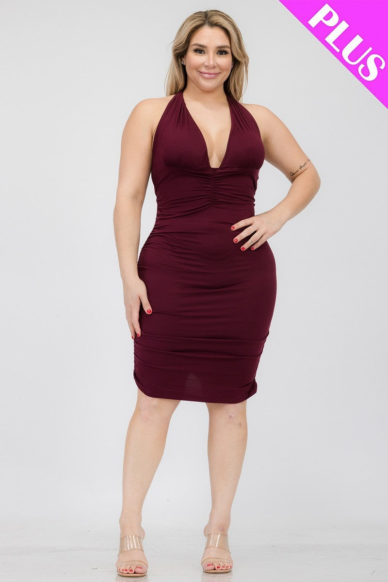 Crisscross Back Ruched Bodycon Mini Dress with Plunging Neck