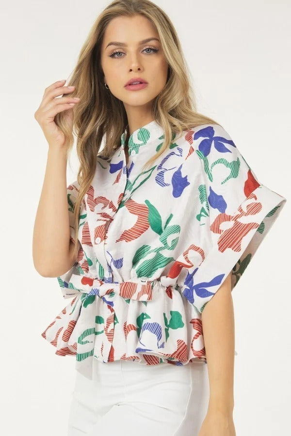 Floral Print Short Sleeve Top with Waist Tie