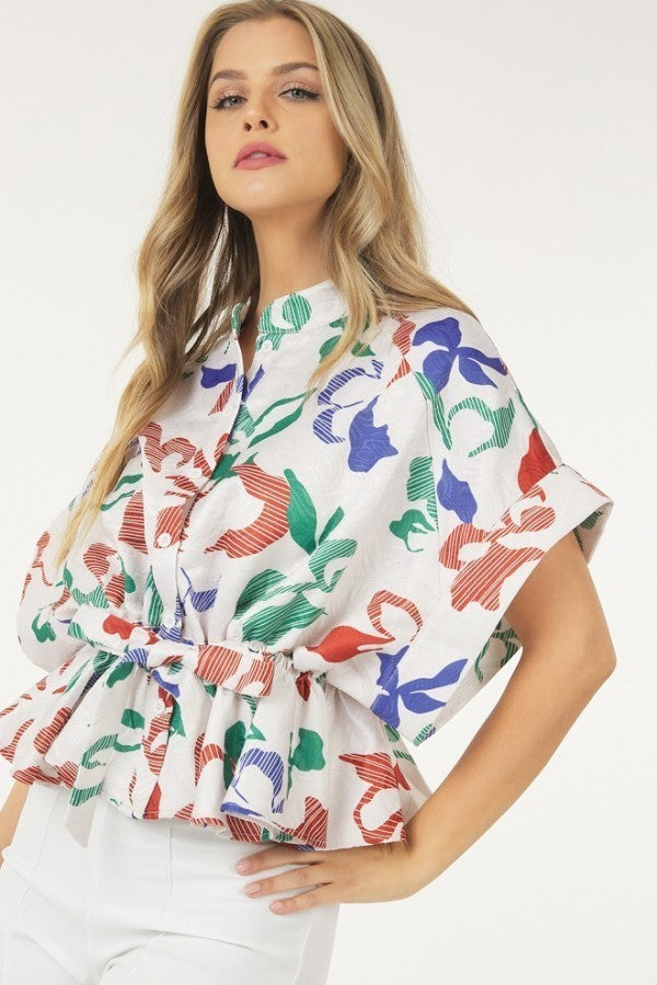 Floral Print Short Sleeve Top with Waist Tie