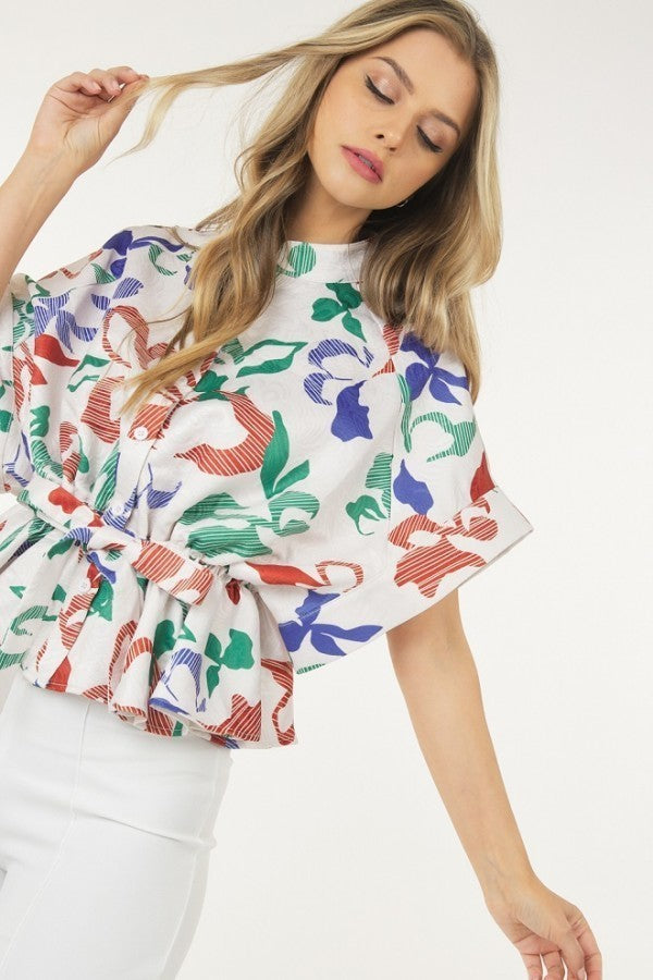 Floral Print Short Sleeve Top with Waist Tie