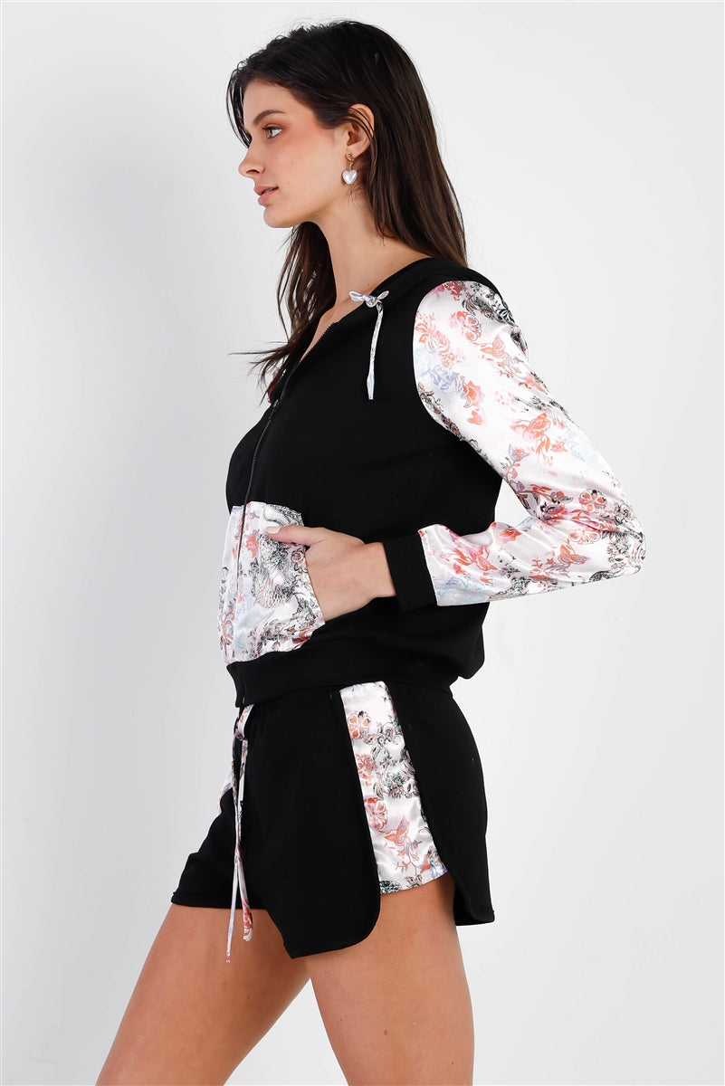 Black & Multi Color Print Colorblock Zip-up Hooded Top & Short Set