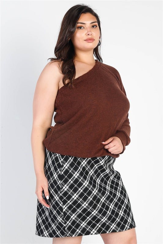 Brown Ribbed Textured One Shoulder Top