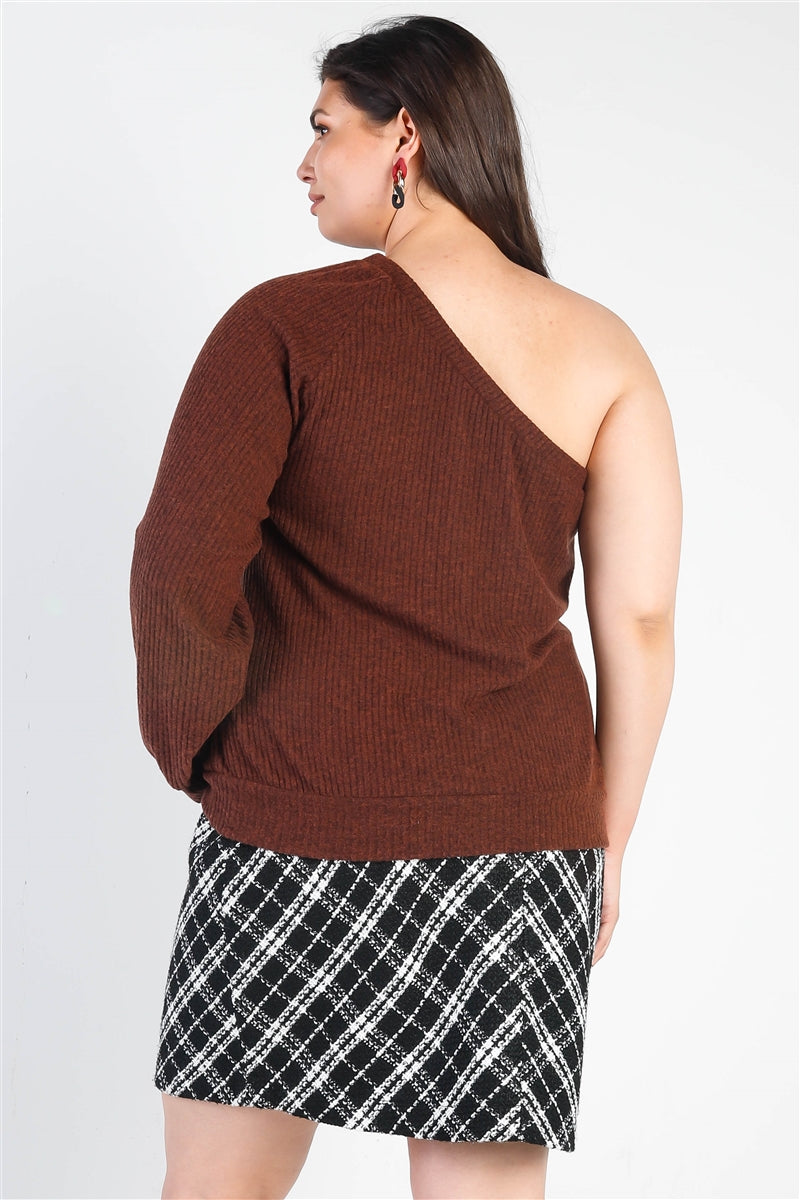 Brown Ribbed Textured One Shoulder Top