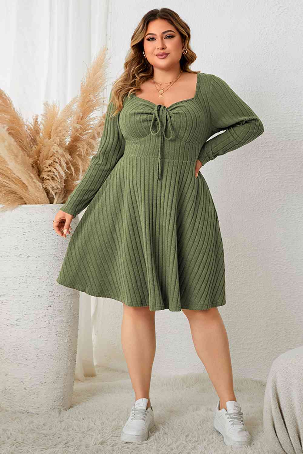 Sweetheart Neck Long Sleeve Ribbed Dress