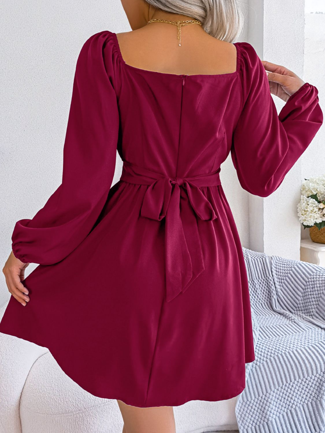 Tied Square Neck Balloon Sleeve Dress