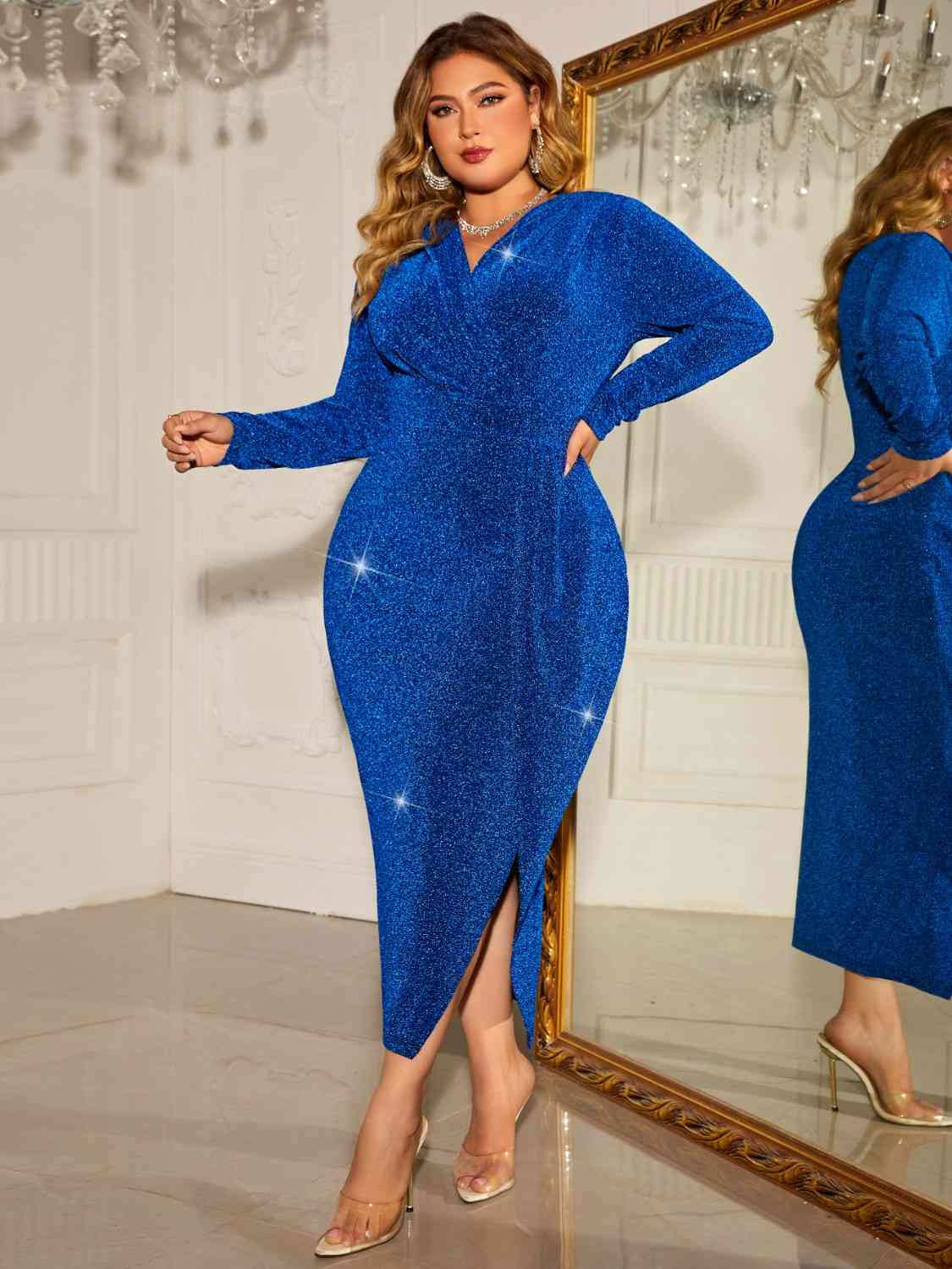 Royal Blue Surplice Neck Slit Dress