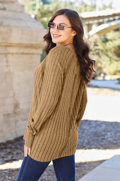 Ribbed Round Neck Long Sleeve Knit Top