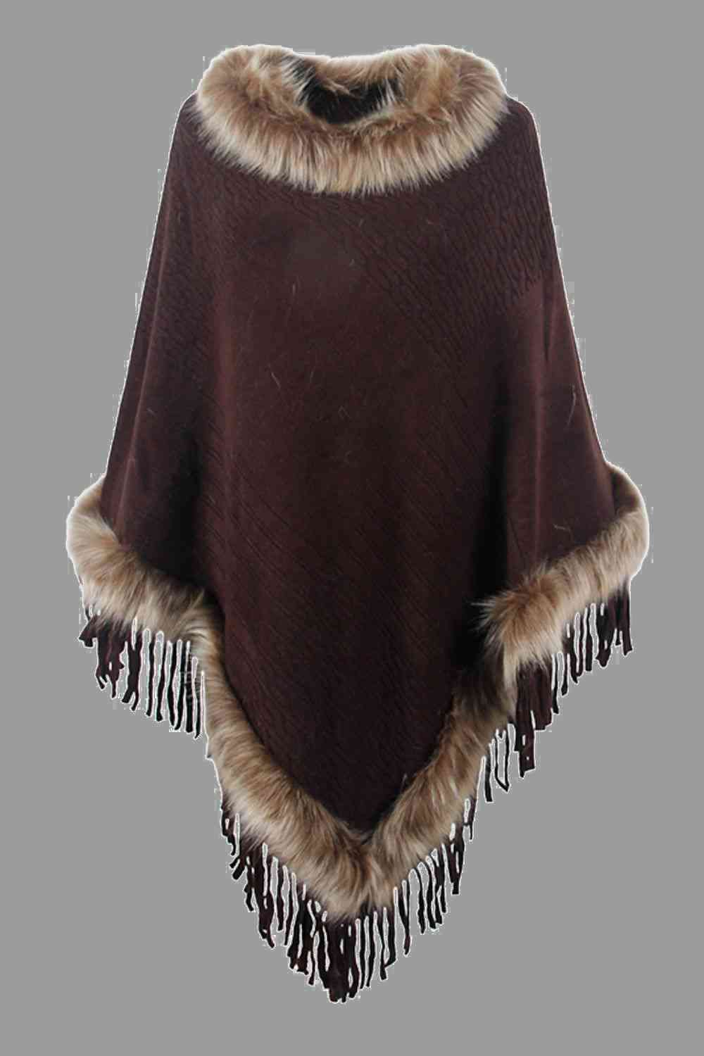 Faux Fur Trim Fringed Poncho