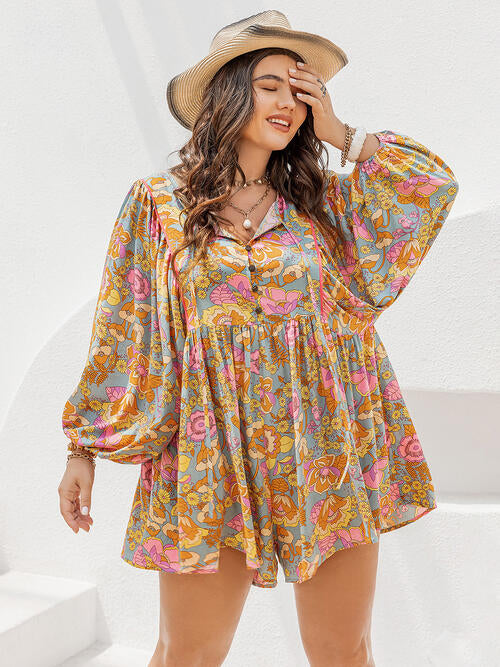 Floral Tie Neck Balloon Sleeve Romper