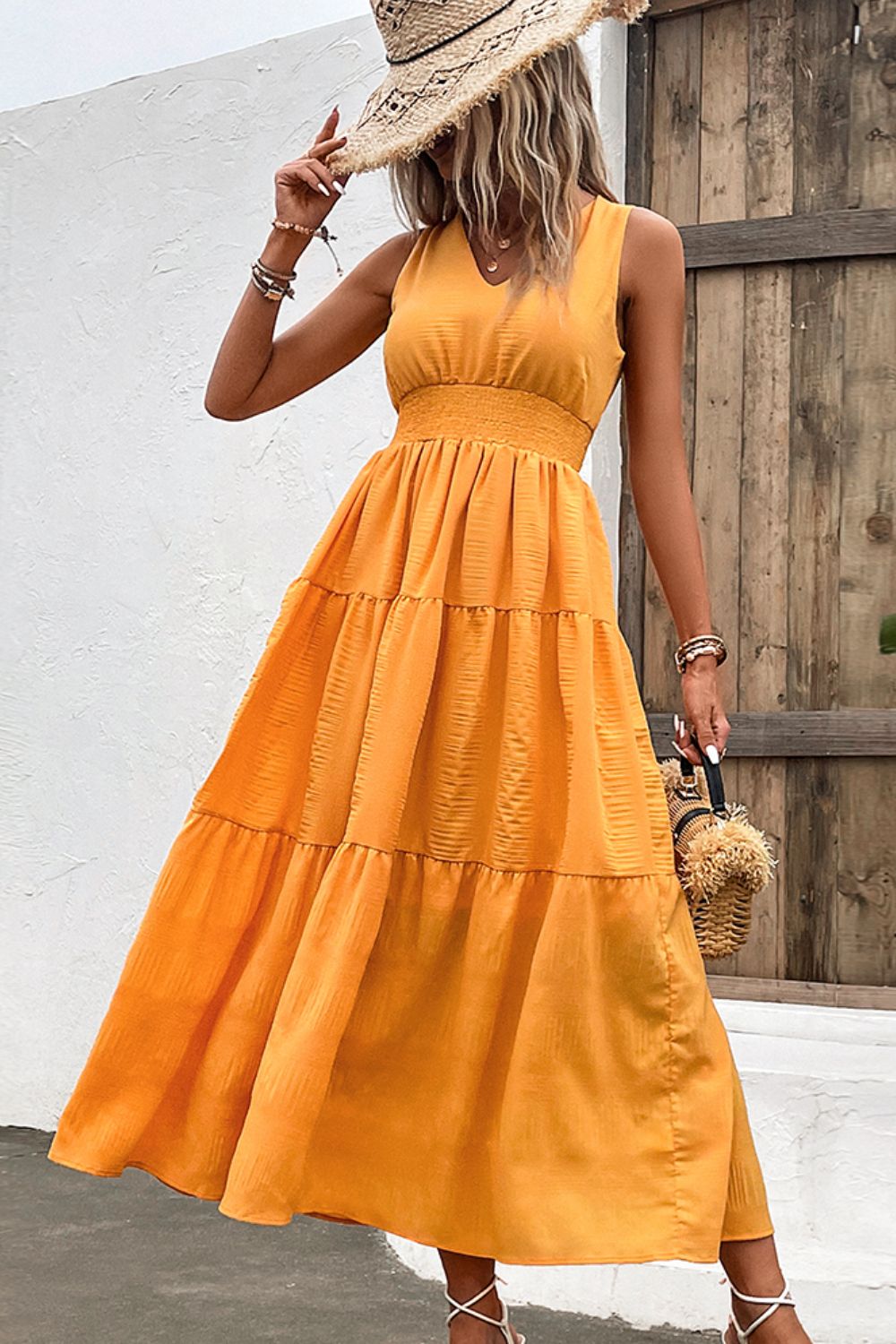 V-Neck Smocked Waist Sleeveless Tiered Dress