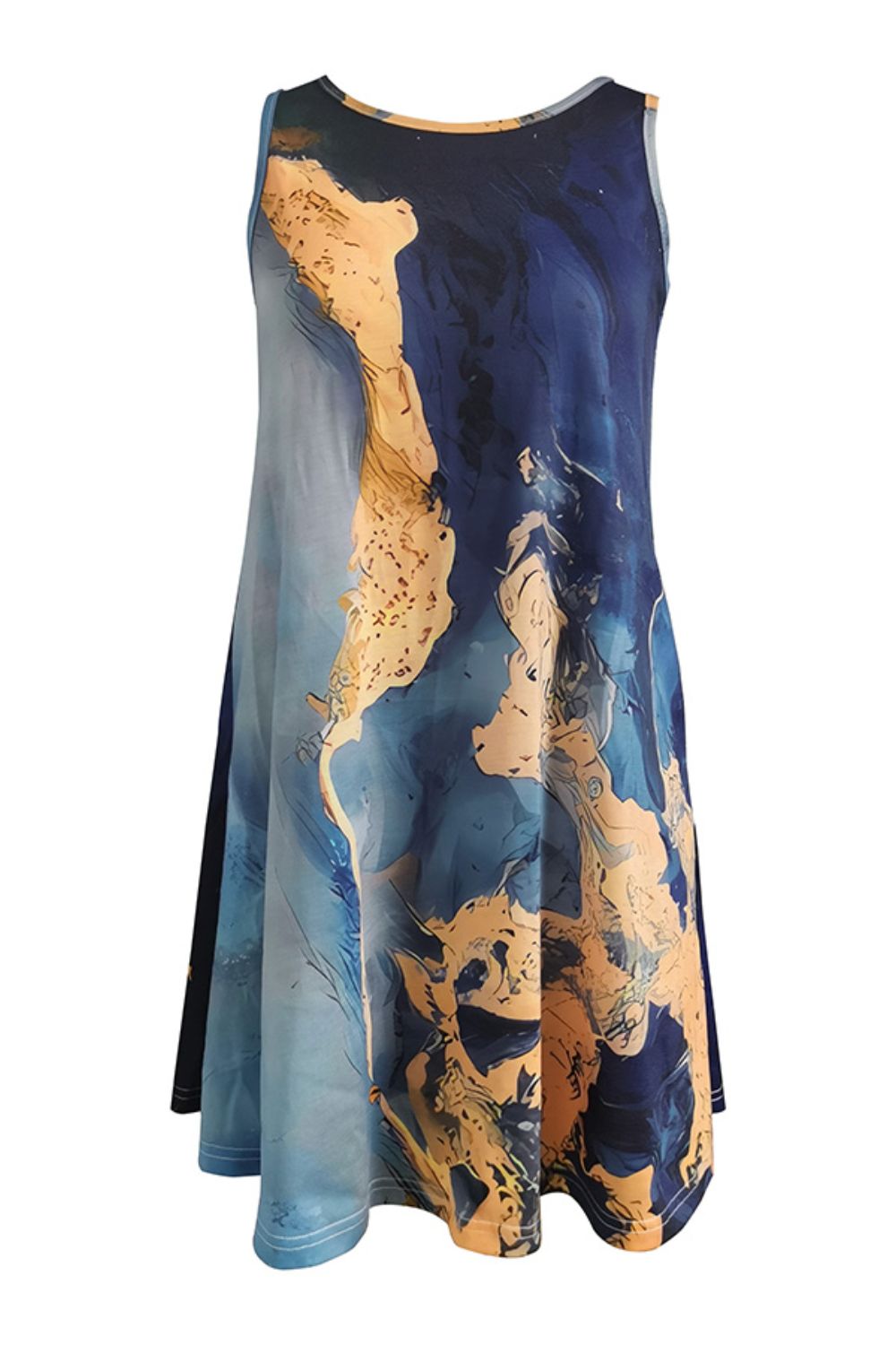 Round Neck Abstract Print Sleeveless Dress with Pockets