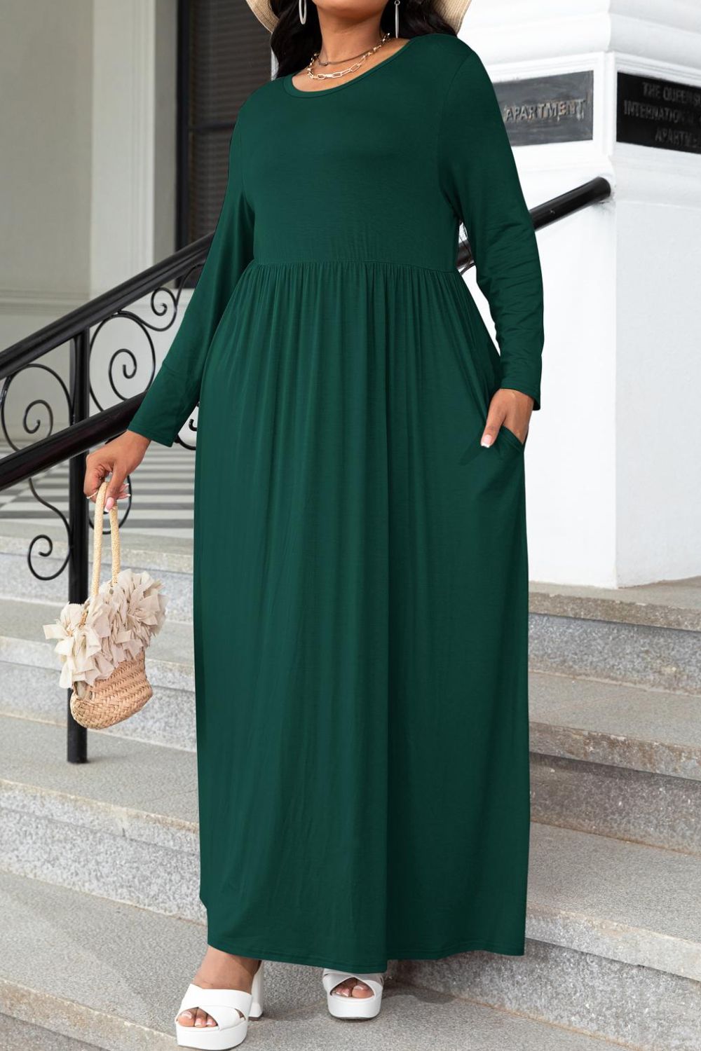 Round Neck Long Sleeve Maxi Dress with Pockets