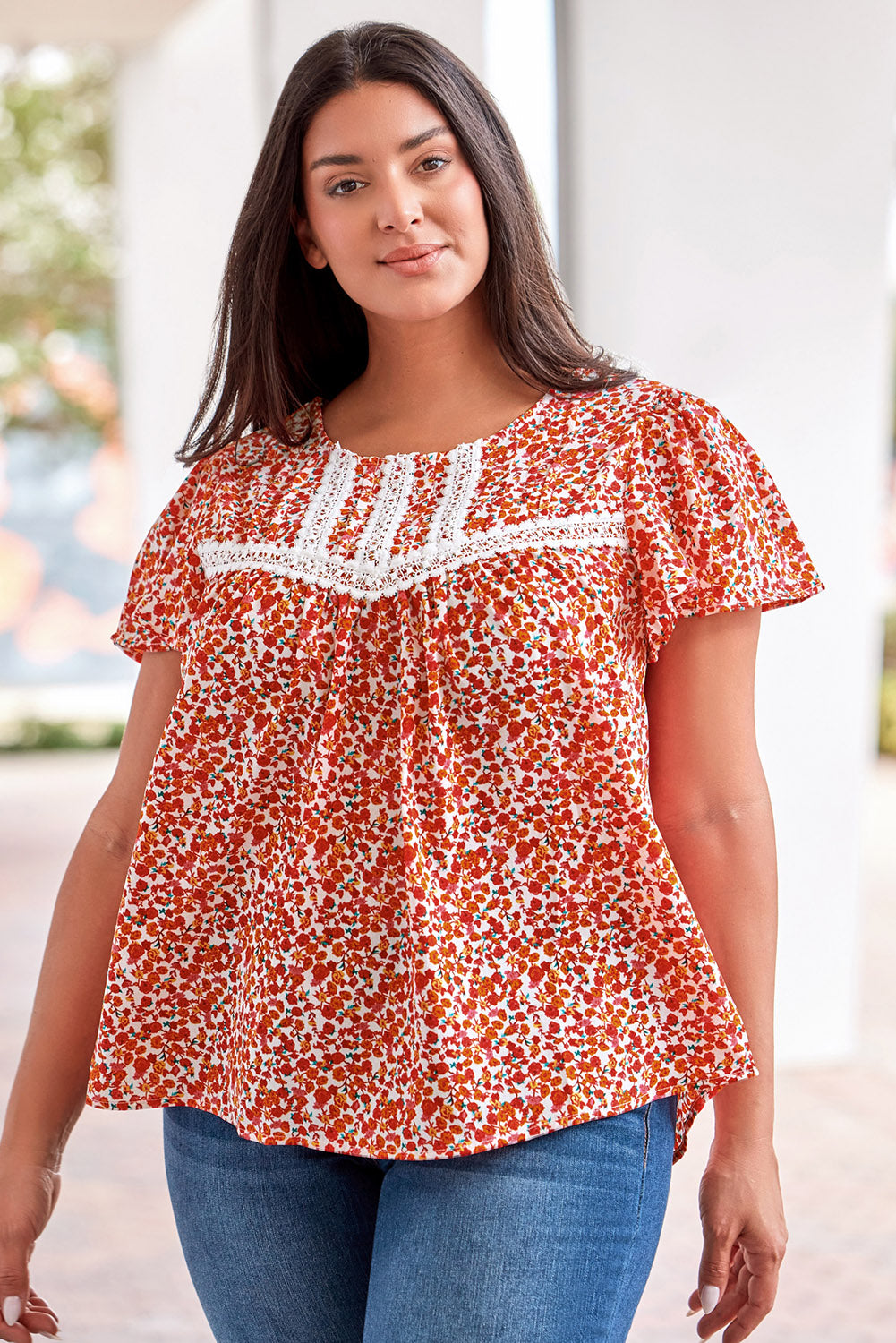 Floral Lace Trim Round Neck Blouse