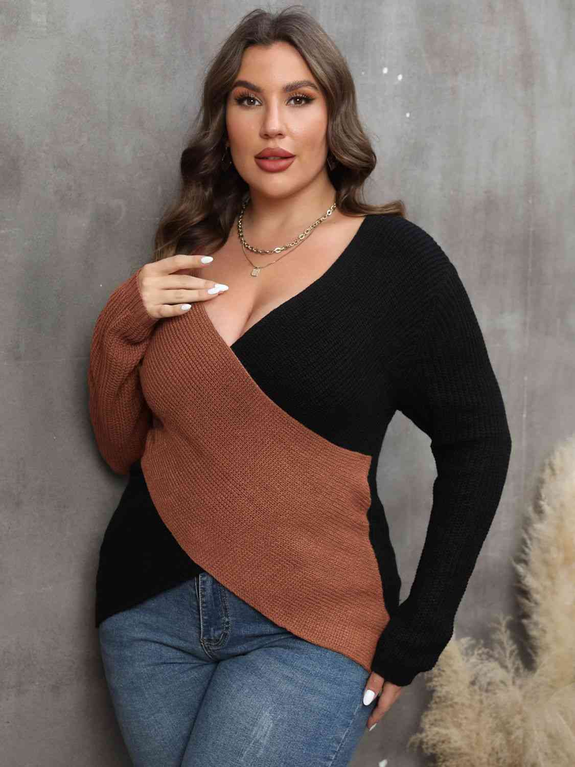 Two-Tone Surplice Neck Sweater