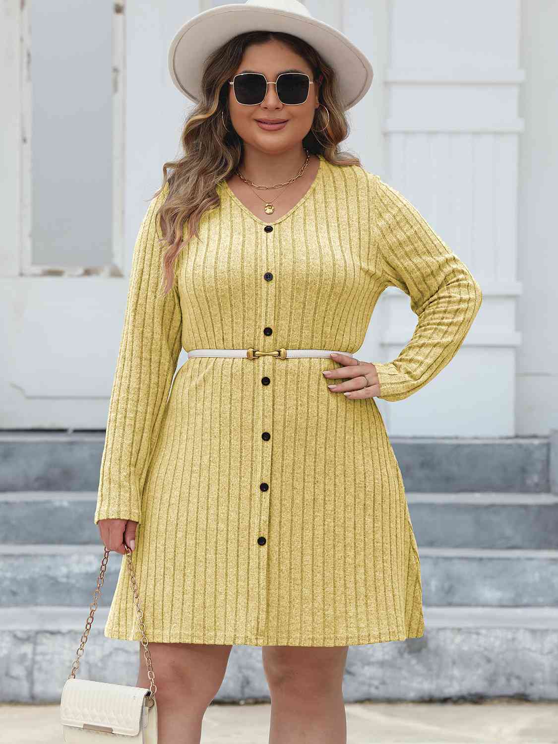 Ribbed Buttoned V-Neck Long Sleeve Dress