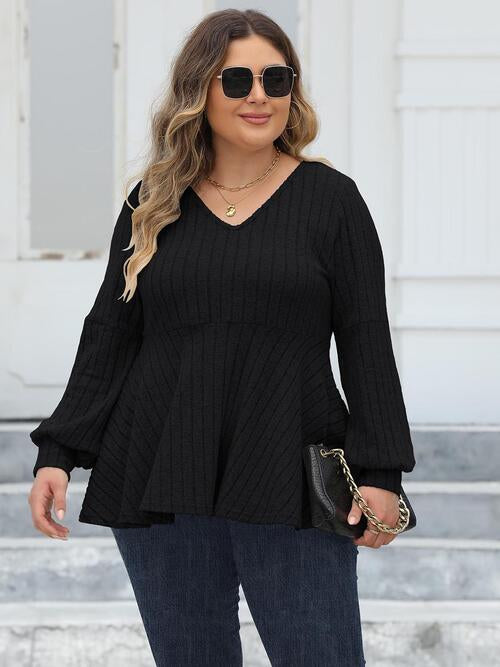 Ribbed V-Neck Long Sleeve Blouse