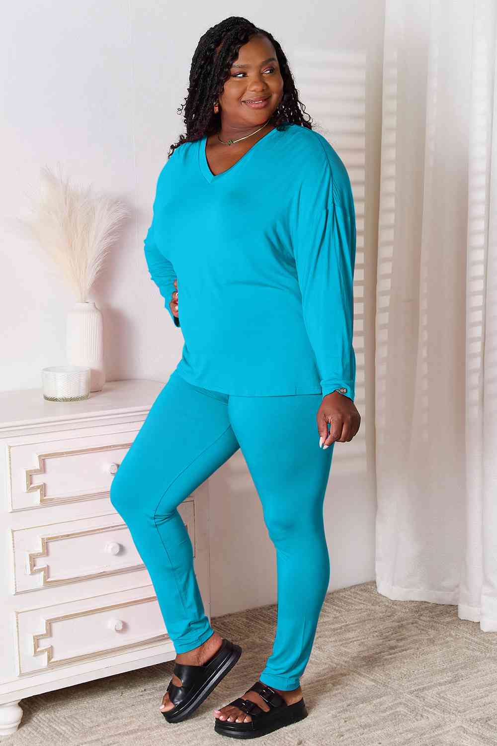 V-Neck Soft Rayon Long Sleeve Top and Pants Lounge Set