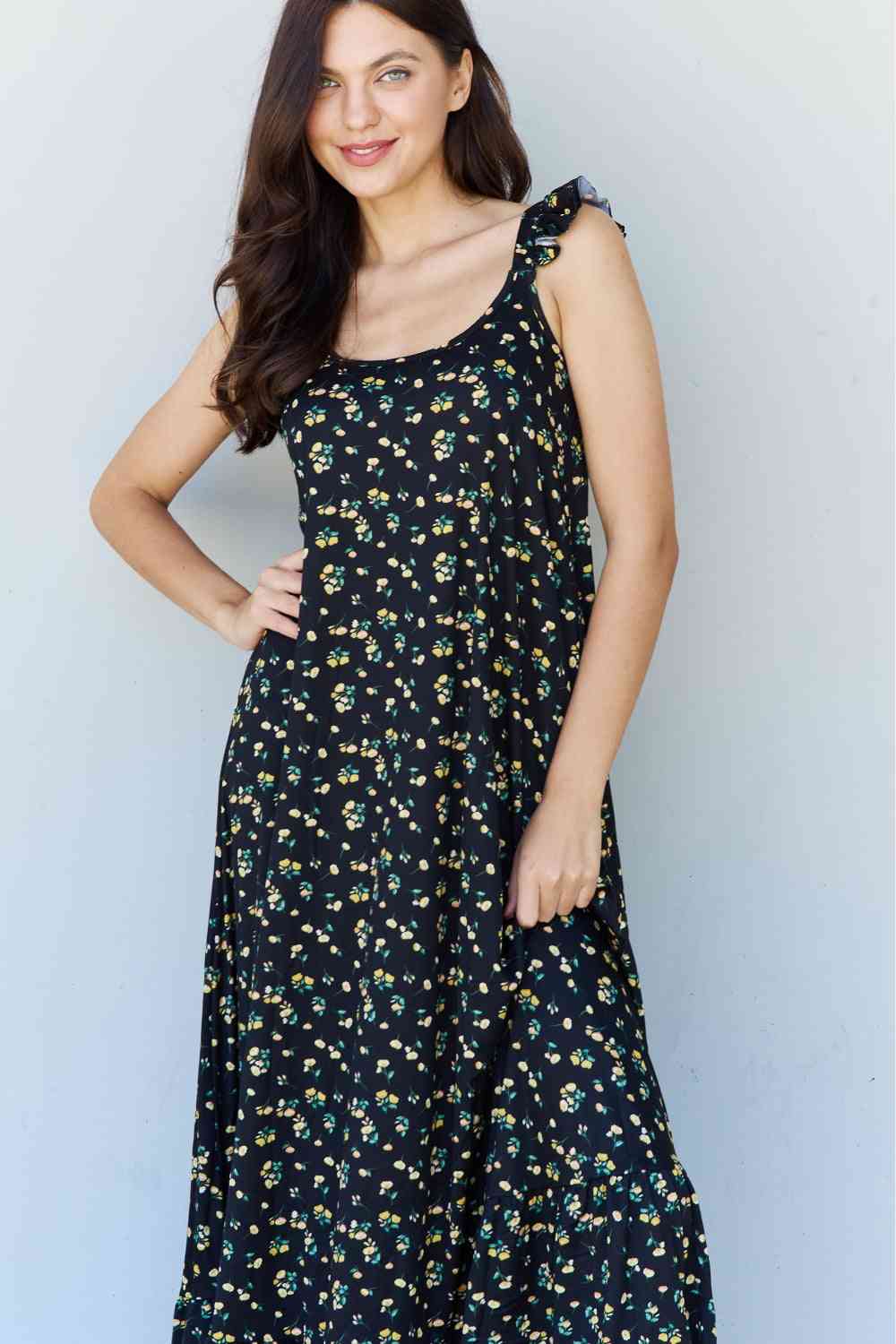 In The Garden Ruffle Floral Maxi Dress in Black Yellow Floral