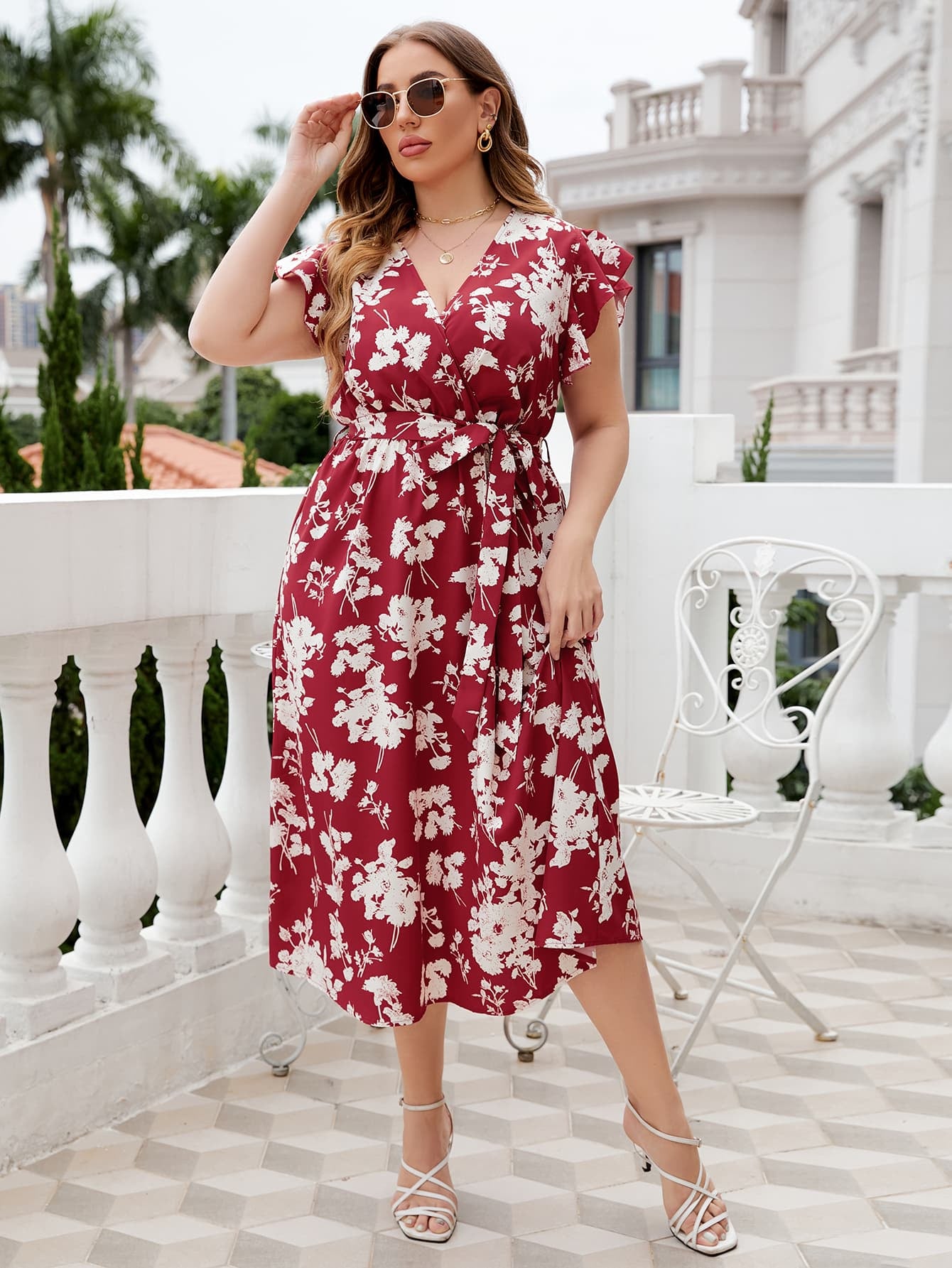 Floral Tie Waist Surplice Neck Midi Dress