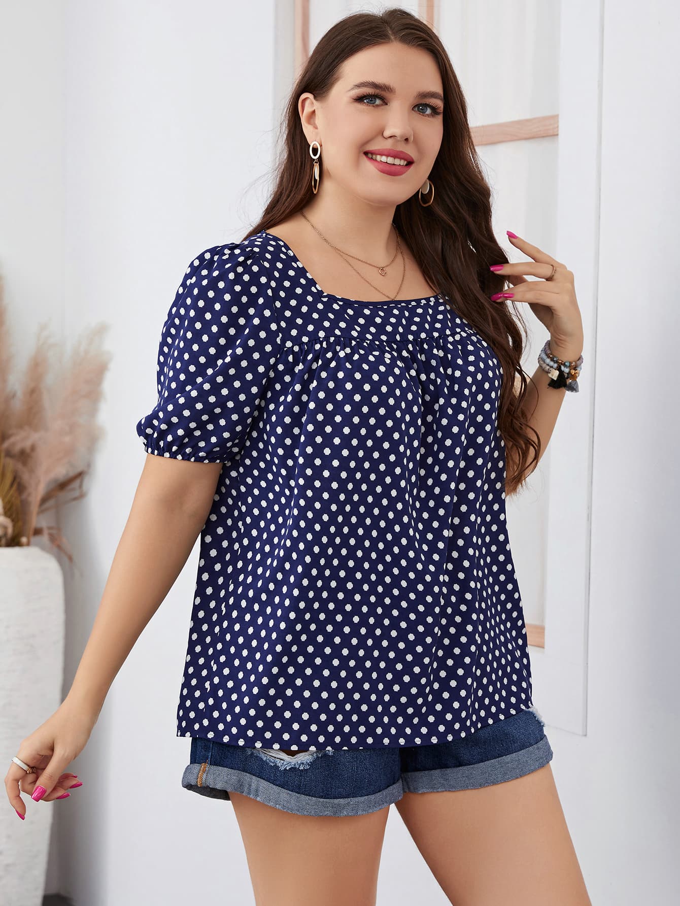 Polka Dot Square Neck Blouse