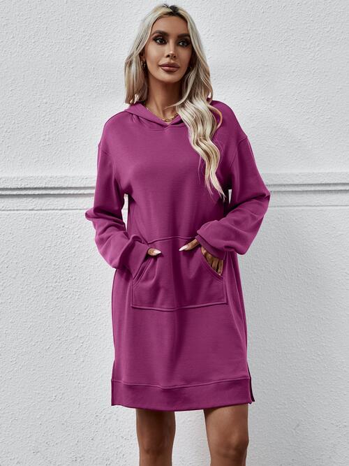 Slit Long Sleeve Hooded Dress with Pocket