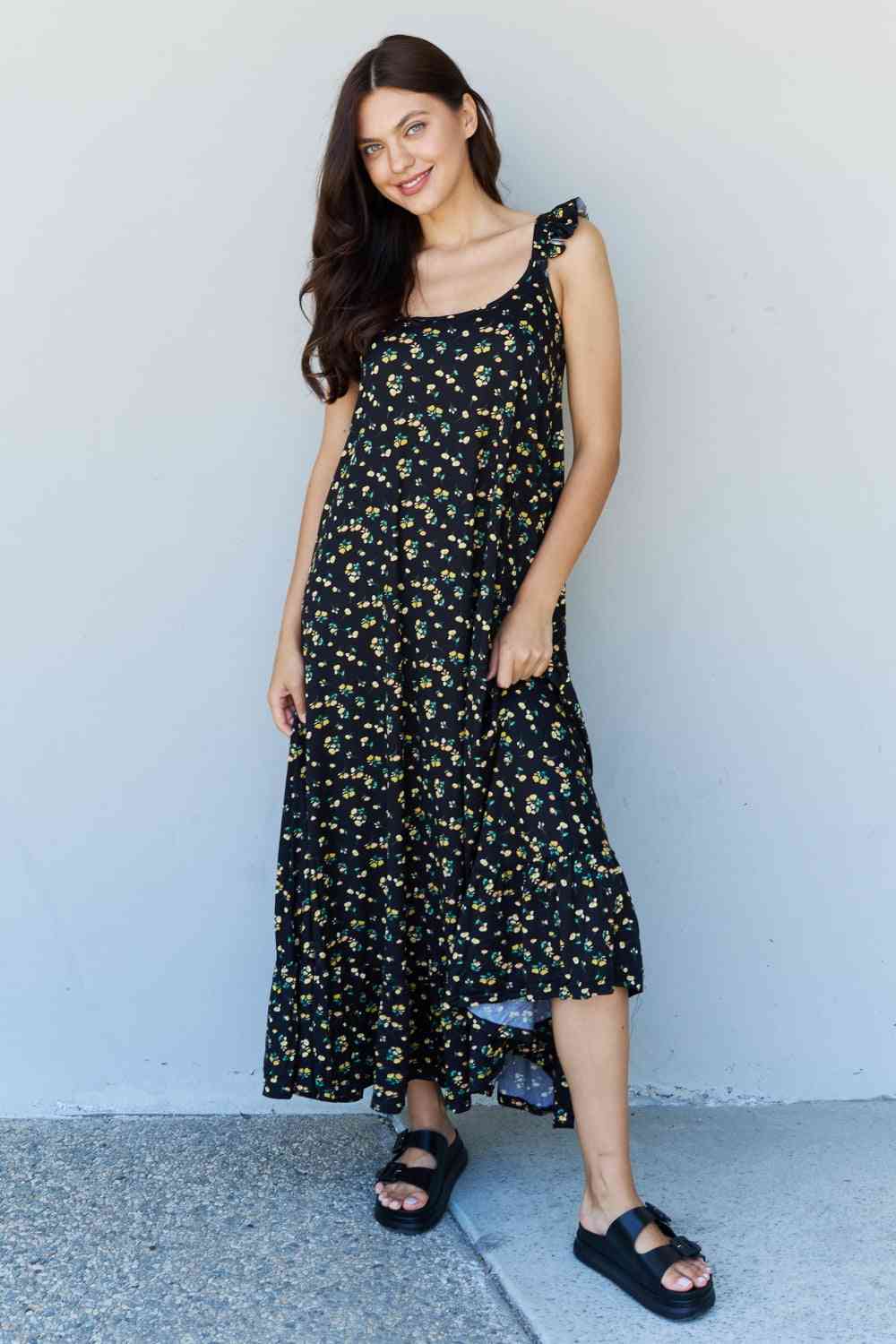 In The Garden Ruffle Floral Maxi Dress in Black Yellow Floral