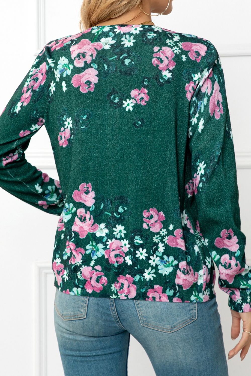 Floral Button Front Round Neck Cardigan