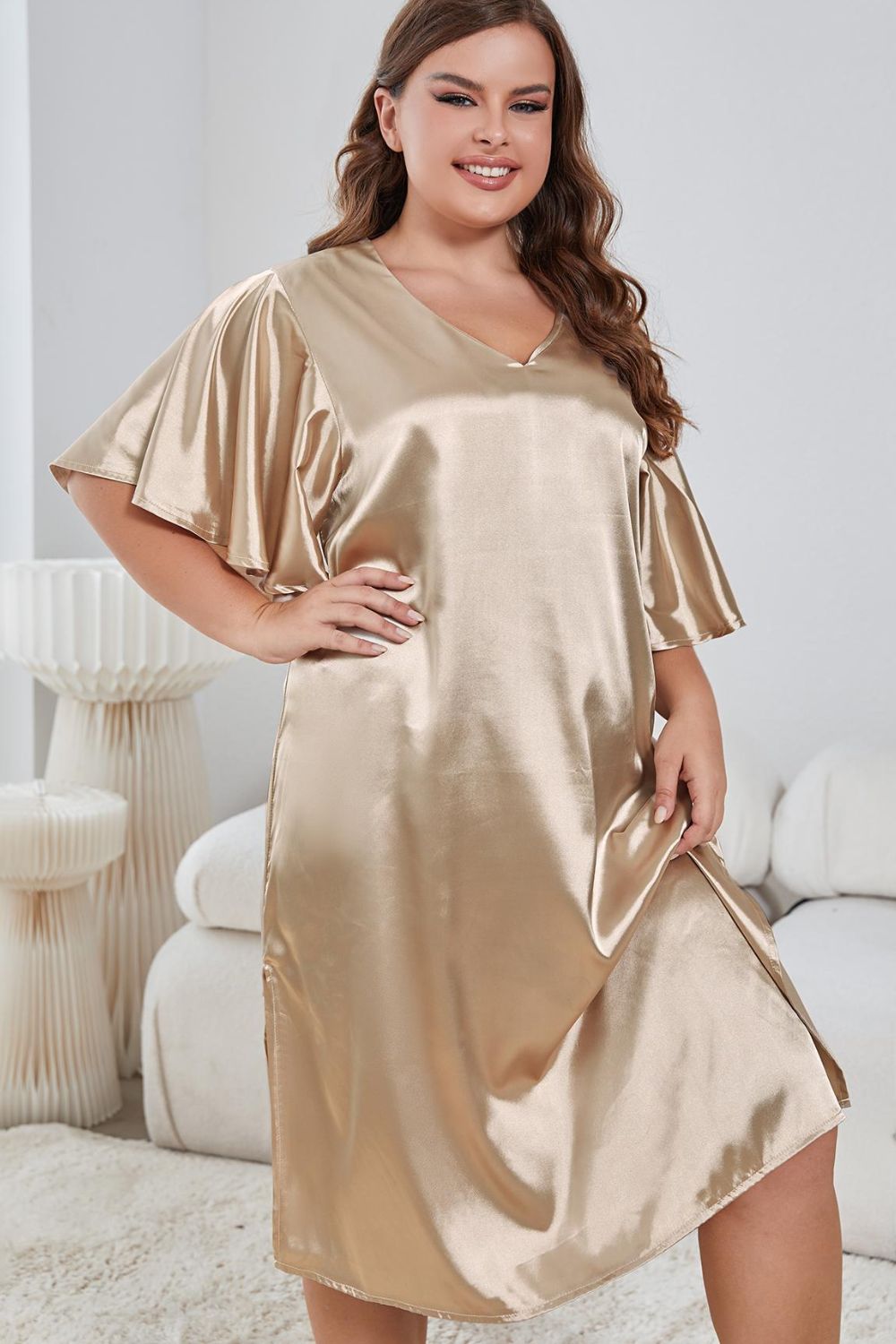 Flutter Sleeve V-Neck Side Slit Night Gown