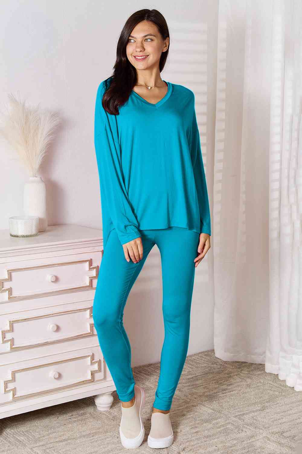 V-Neck Soft Rayon Long Sleeve Top and Pants Lounge Set