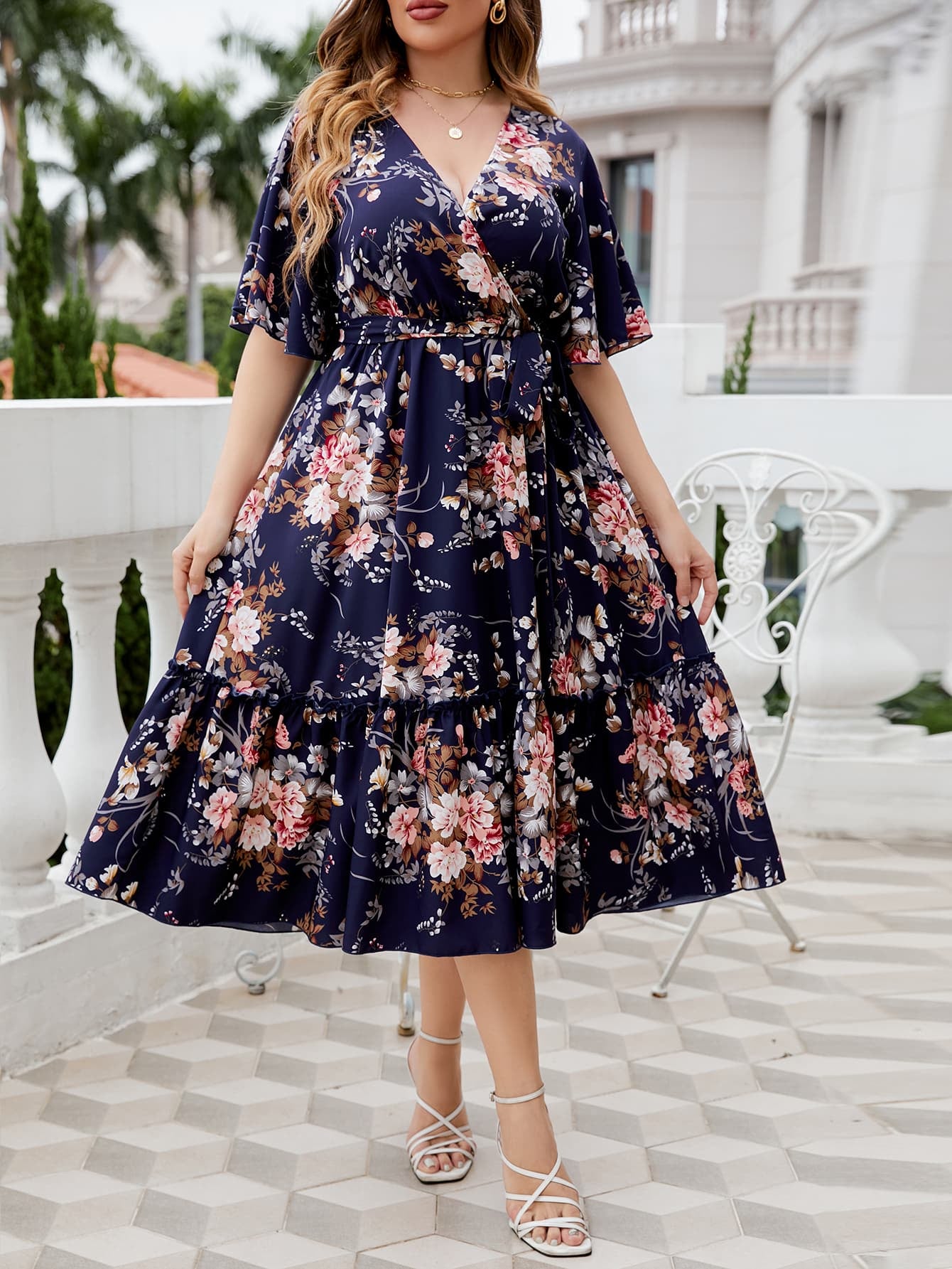 Floral Surplice Neck Midi Dress