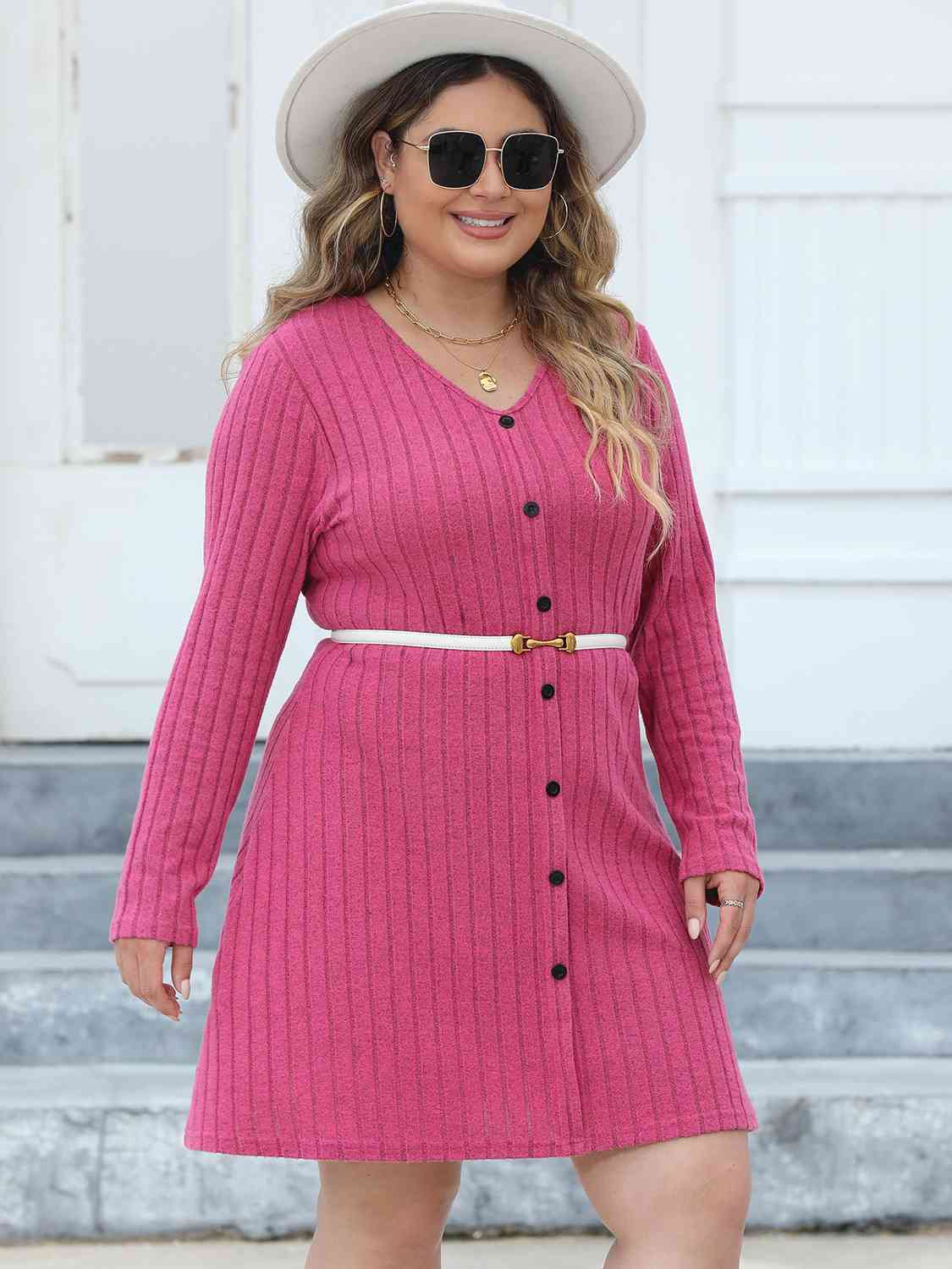 Ribbed Buttoned V-Neck Long Sleeve Dress