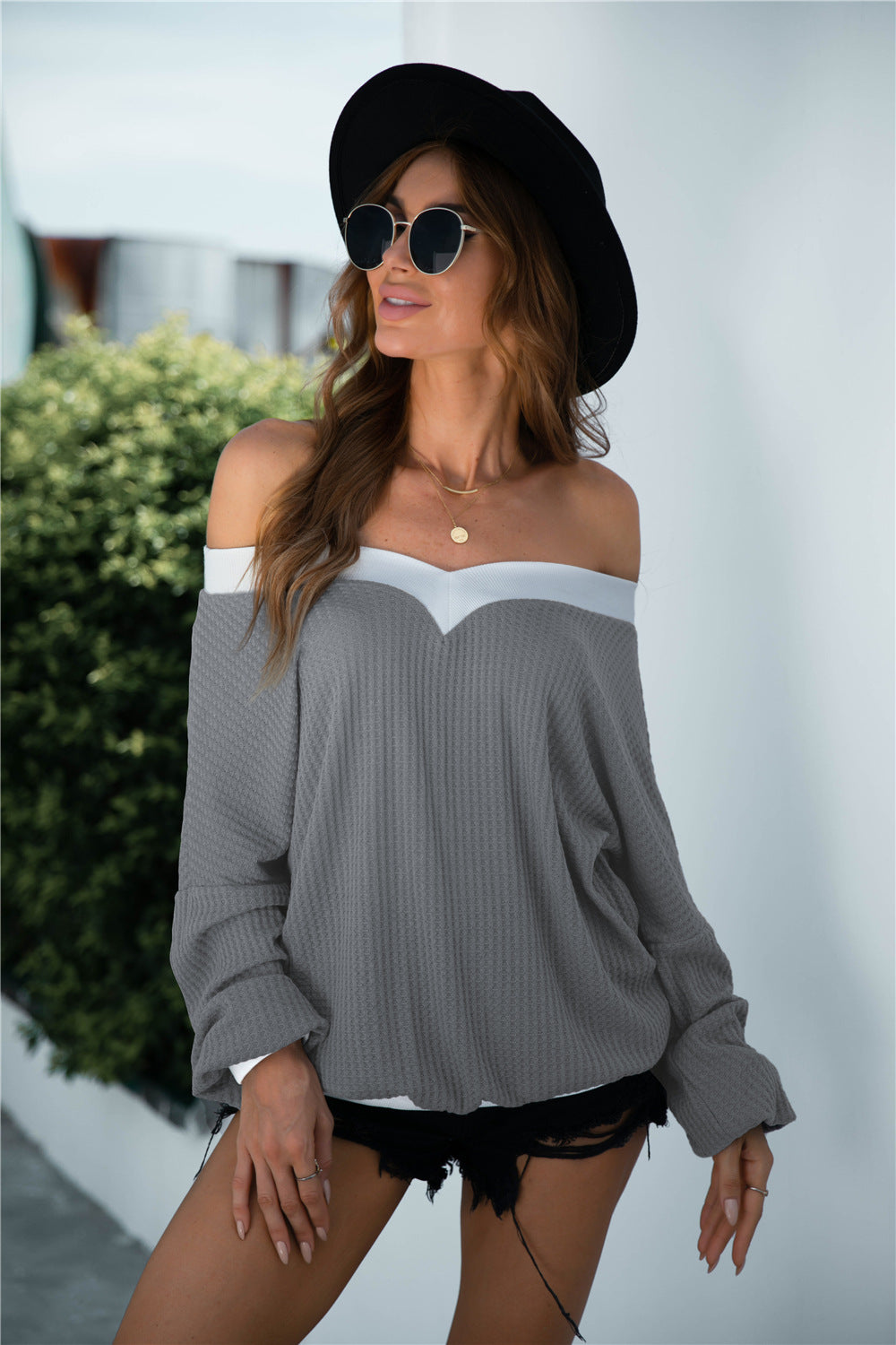 Off-Shoulder Waffle-knit Dropped Shoulder Blouse