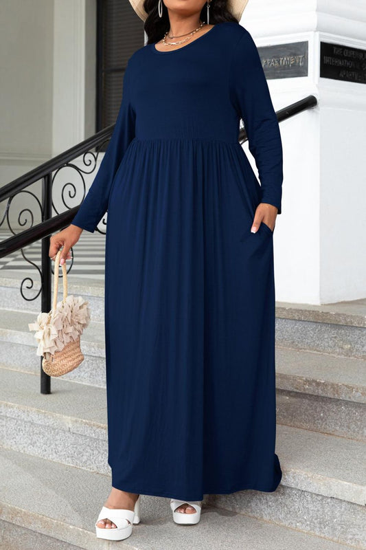 Round Neck Long Sleeve Maxi Dress with Pockets