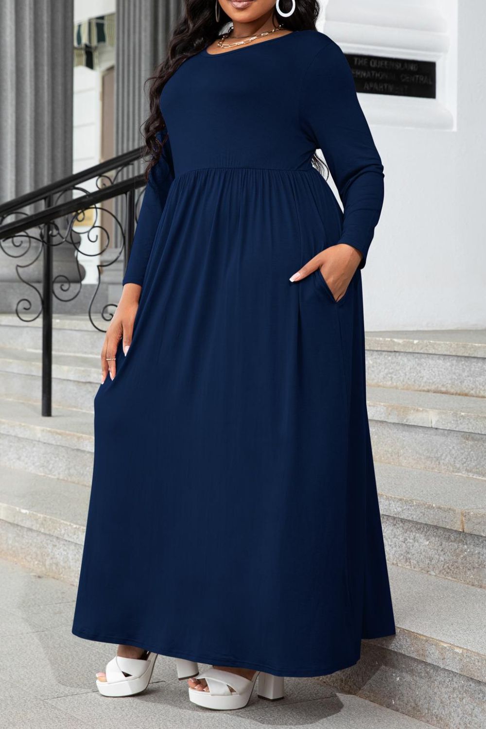 Round Neck Long Sleeve Maxi Dress with Pockets