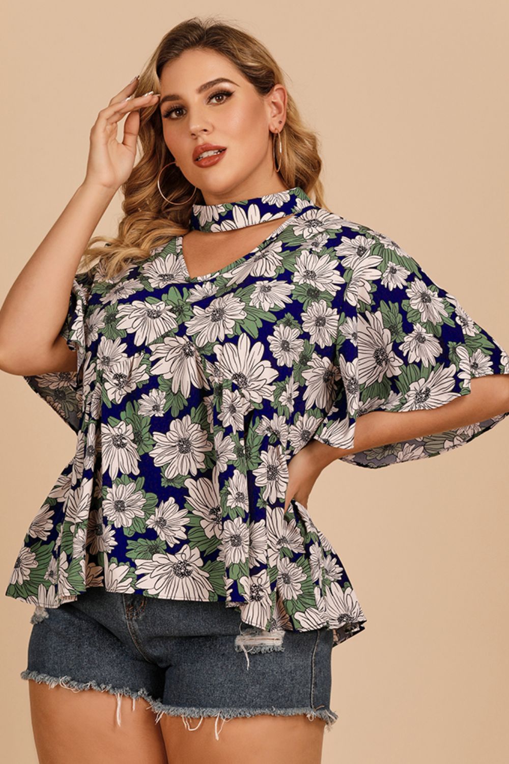 Floral Flutter Sleeve Cutout Blouse