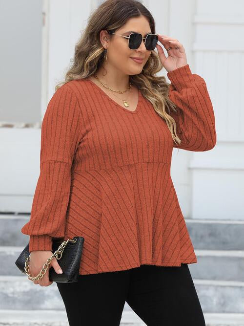 Ribbed V-Neck Long Sleeve Blouse