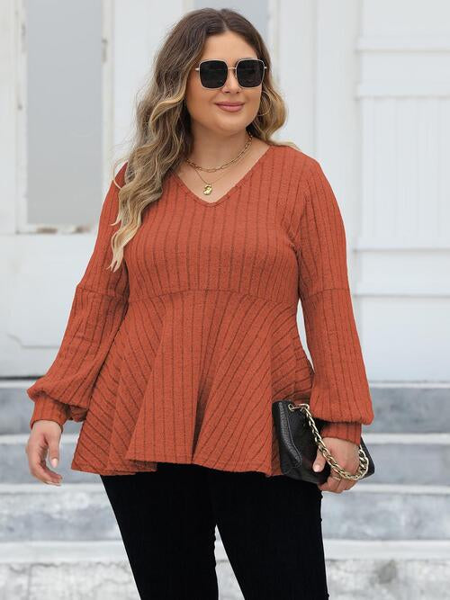 Ribbed V-Neck Long Sleeve Blouse