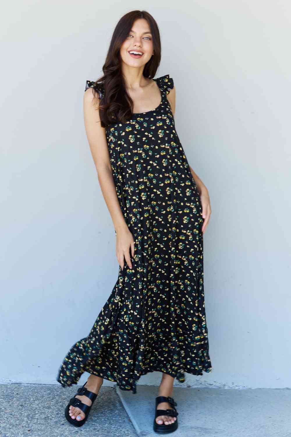 In The Garden Ruffle Floral Maxi Dress in Black Yellow Floral