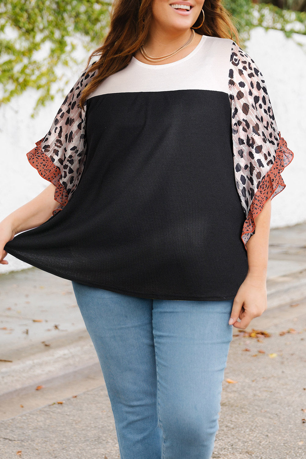 Printed Color Block Ruffled Blouse