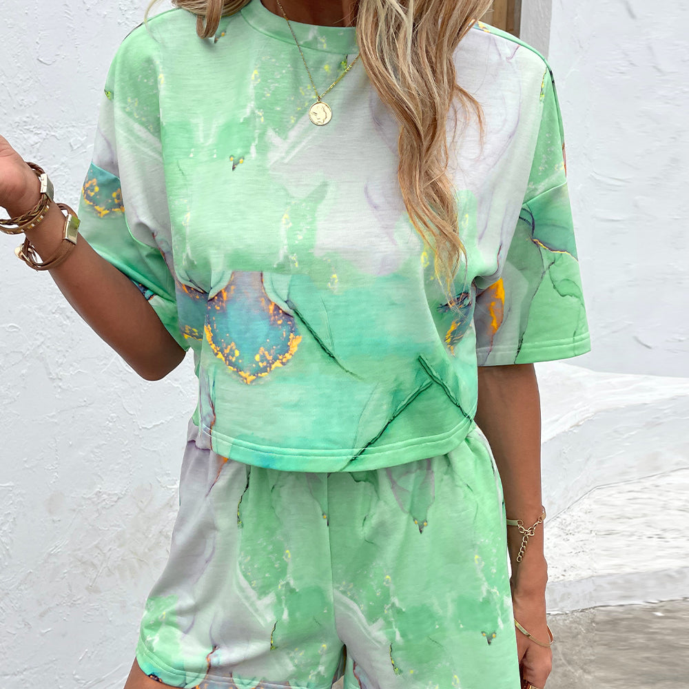 Printed Round Neck Dropped Shoulder Half Sleeve Top and Shorts Set