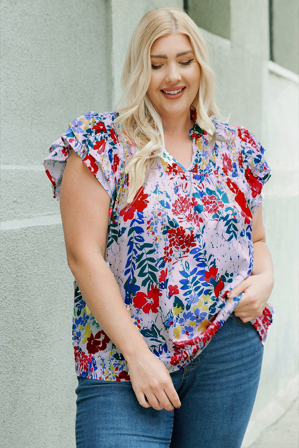 Floral Smocked Flutter Sleeve Blouse