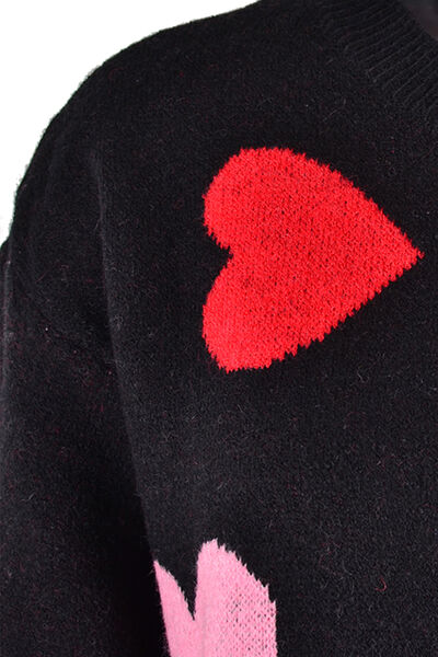 Heart Round Neck Droppped Shoulder Sweater