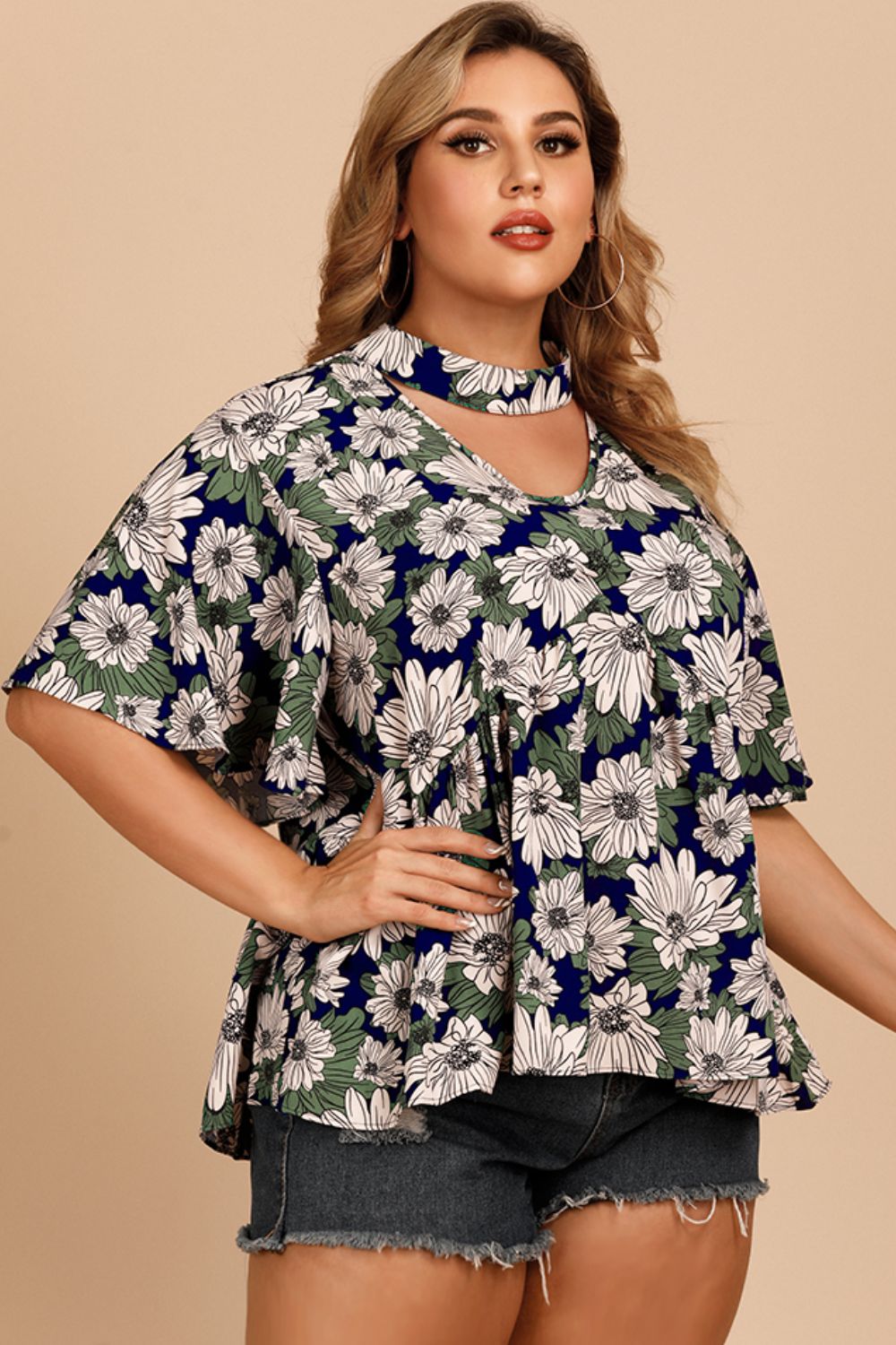 Floral Flutter Sleeve Cutout Blouse