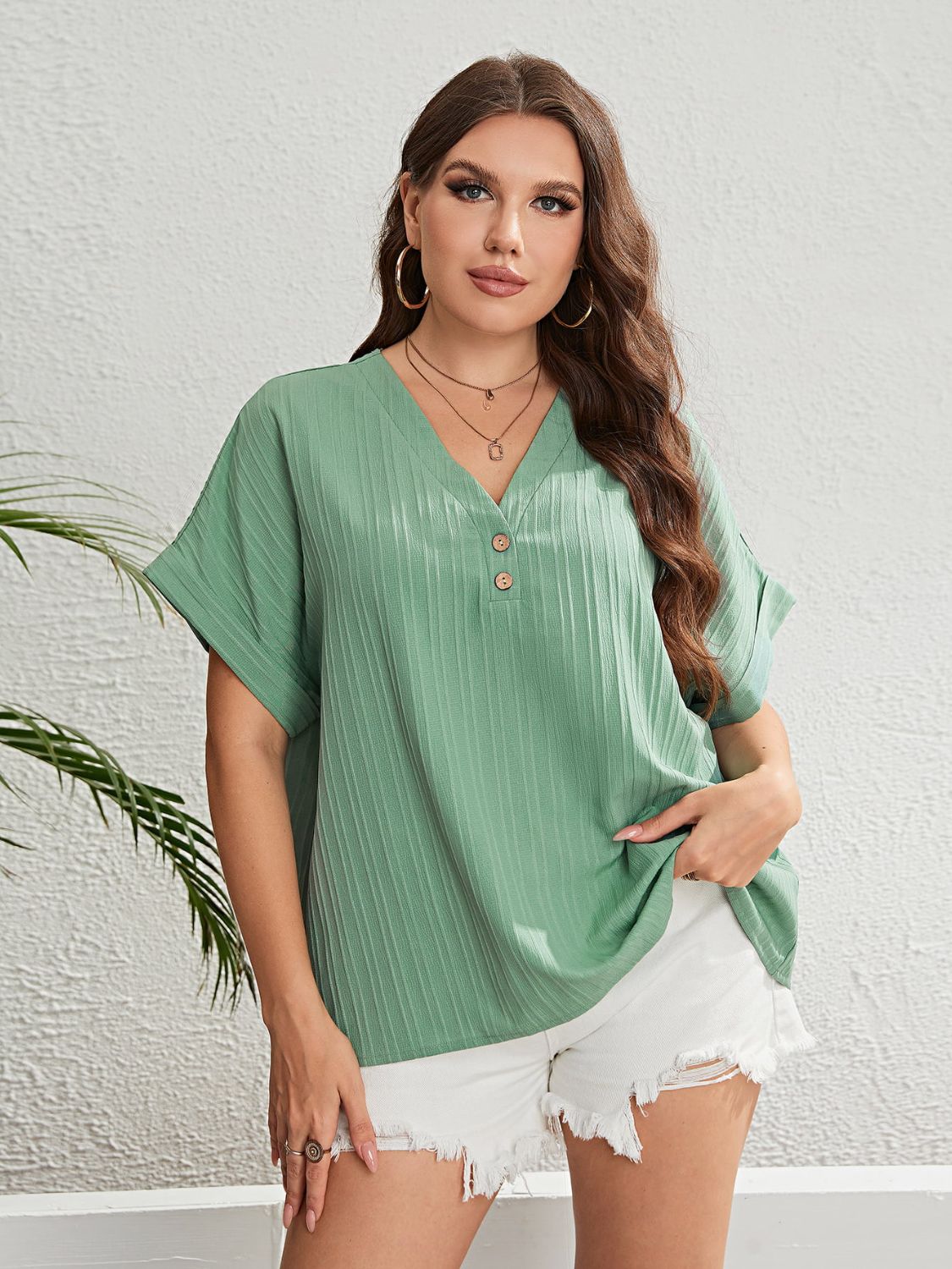 Buttoned V-Neck Short Sleeve Top